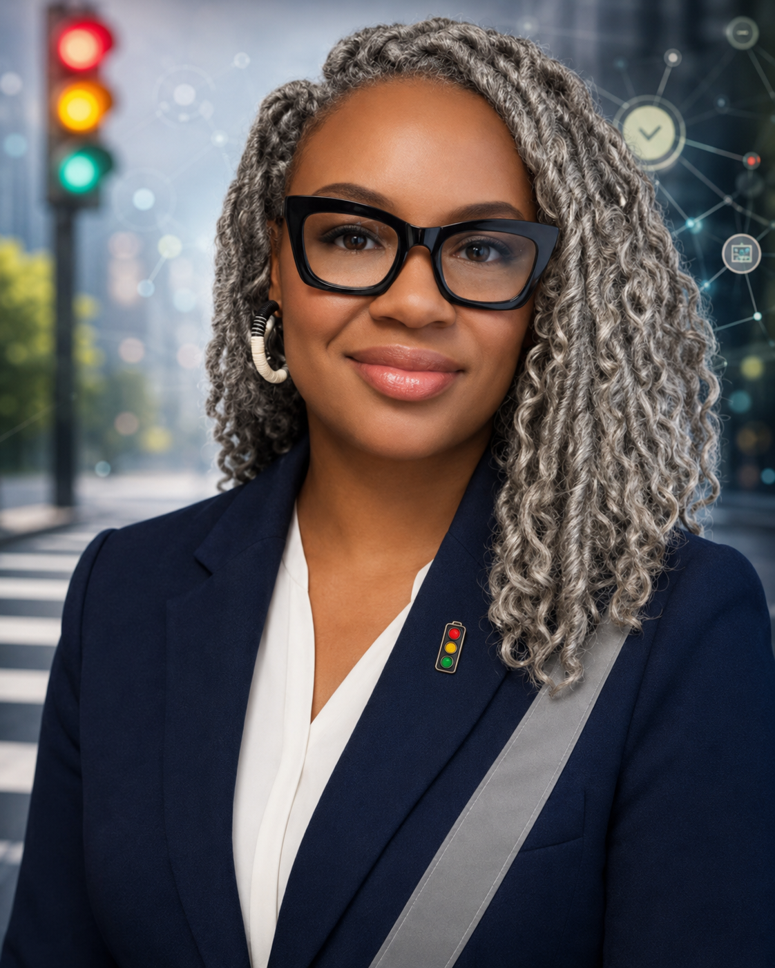 Dr. O, the AI Safety Crossing Guard, wearing a navy blazer and a traffic-light pin, standing beside an AI Safety Crossing Guard street sign.